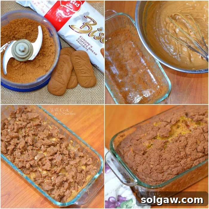 Collage of Biscoff Cookie Pumpkin Bread images, showcasing texture and topping