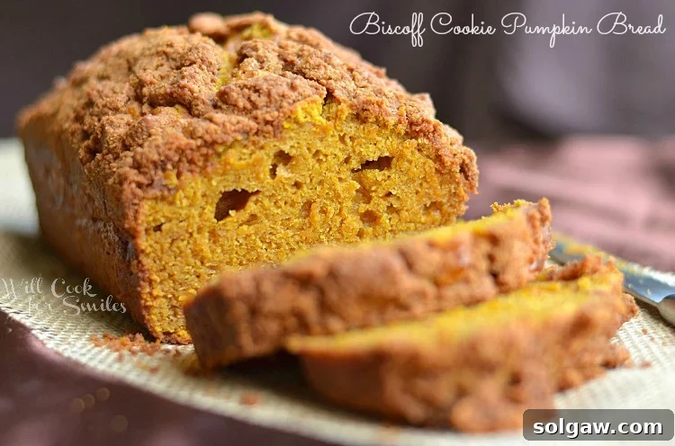 Close up view of sliced Biscoff Cookie Pumpkin Bread on burlap placemat