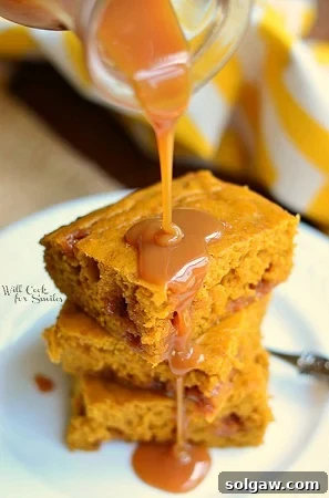 Pumpkin Caramel Blondies with a rich, gooey caramel swirl