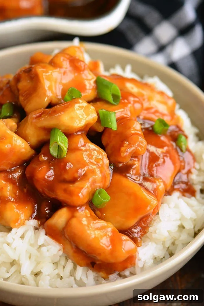 close-up of bourbon chicken in a bowl