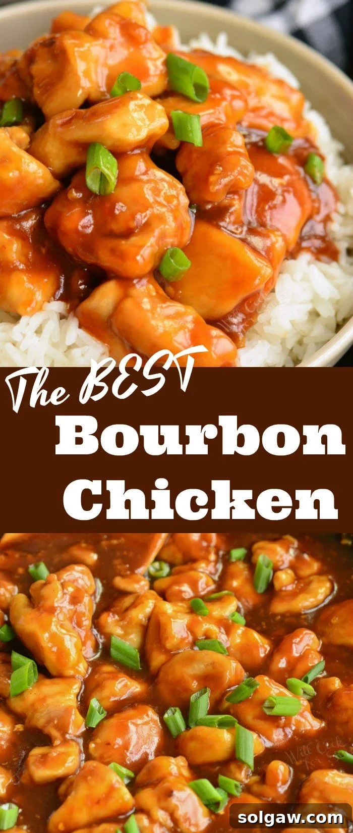 long collage image of bourbon chicken preparation and final dish