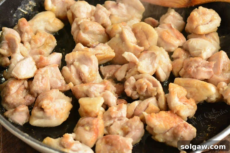 chicken thigh pieces searing in a hot pan