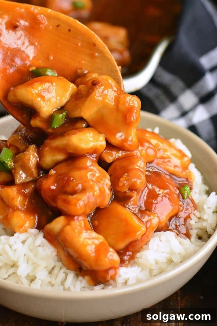 bourbon chicken served over rice with a side of green onions