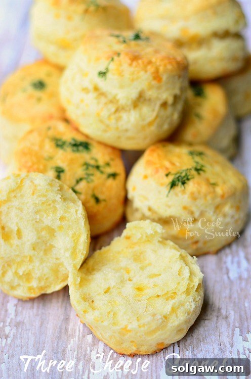 Artisan Three-Cheese Scones 2 Fluffy Three Cheese Scones served on a wooden board