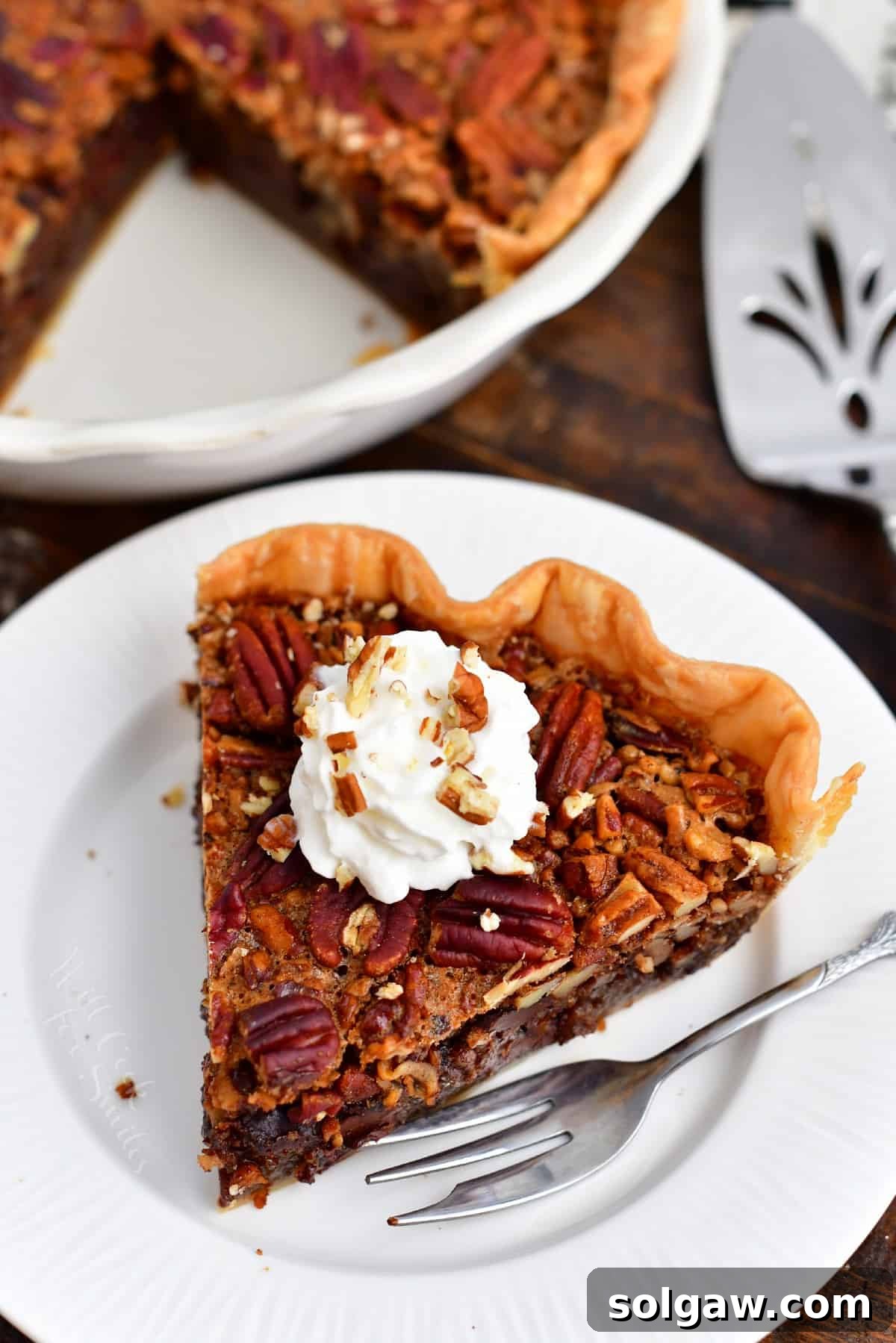 A plated slice of Thanksgiving chocolate pecan pie with the rest of the pie in the background, adorned with whole pecans.
