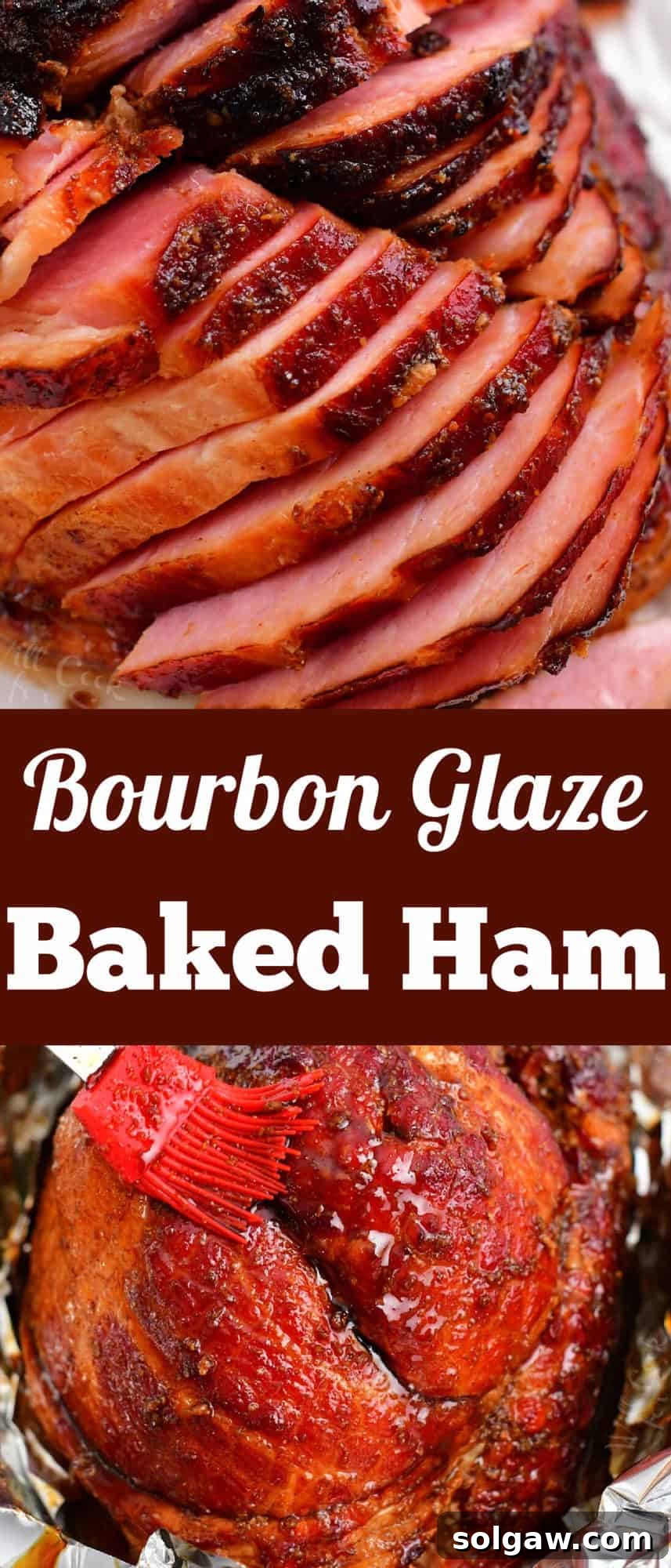 Signature Bourbon Glazed Ham 10 A beautifully presented Pinterest image titled 'Bourbon Glaze Baked Ham,' showing the delicious dish.