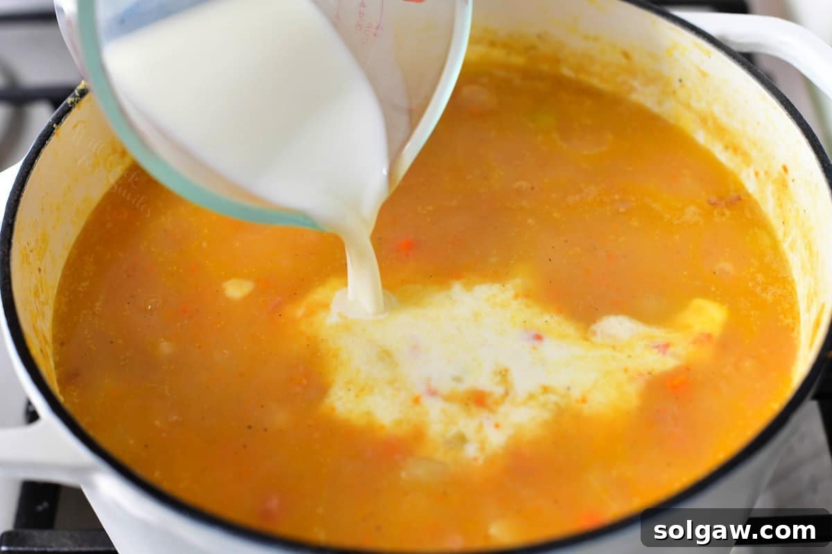 Cream being poured into a pot of homemade soup, creating a swirling effect.