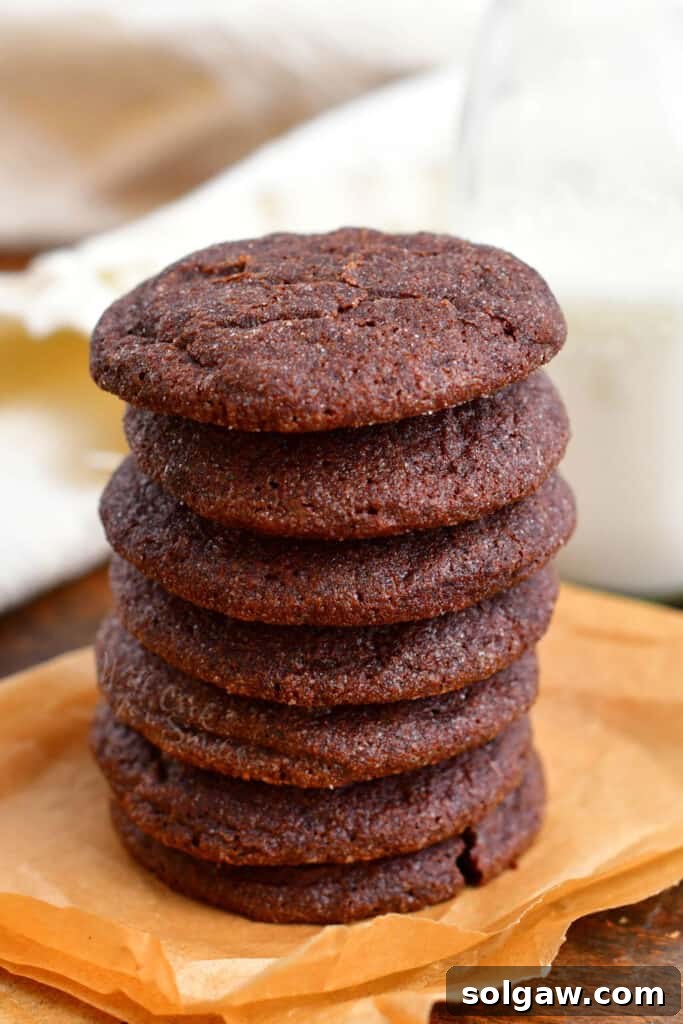 side view: stack of homemade chewy chocolate cookies