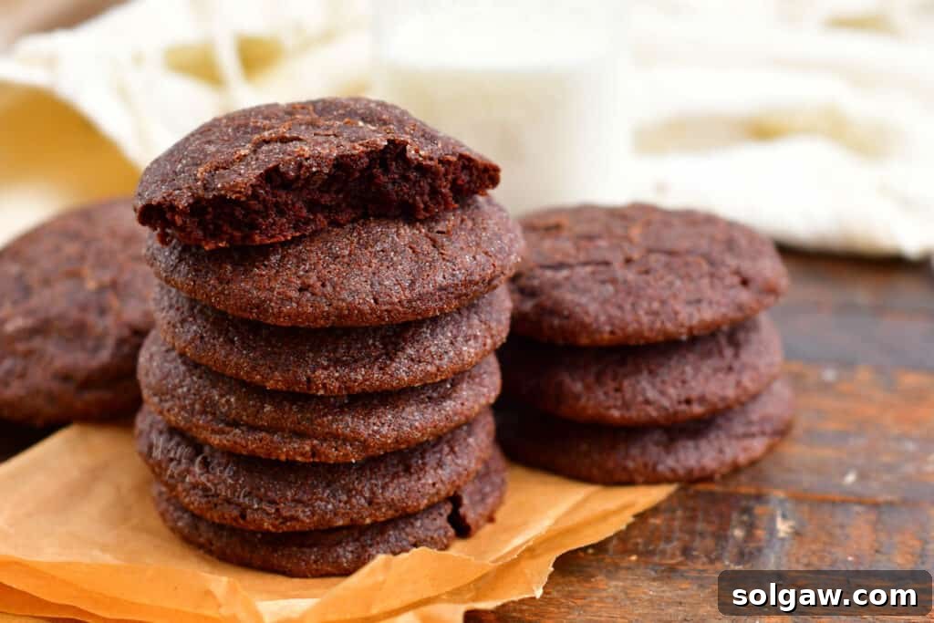 stack of soft chocolate cookies. Bite taken from the cookie on top