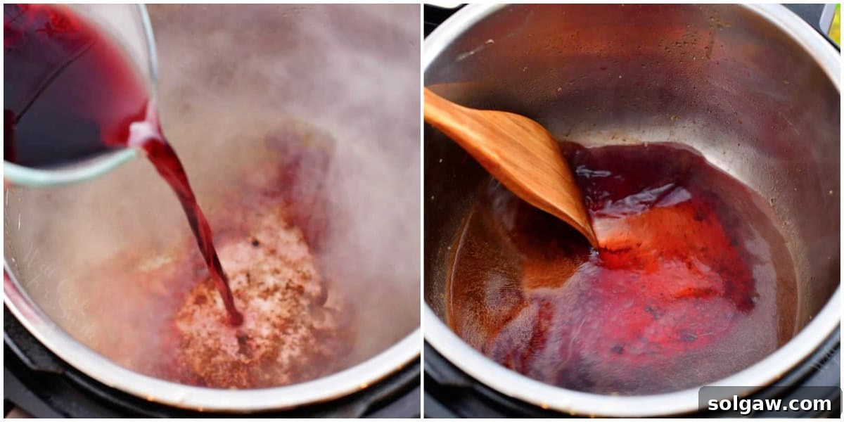 A collage showing red wine being poured into the Instant Pot and the subsequent deglazing of the pot, incorporating all the flavorful browned bits.