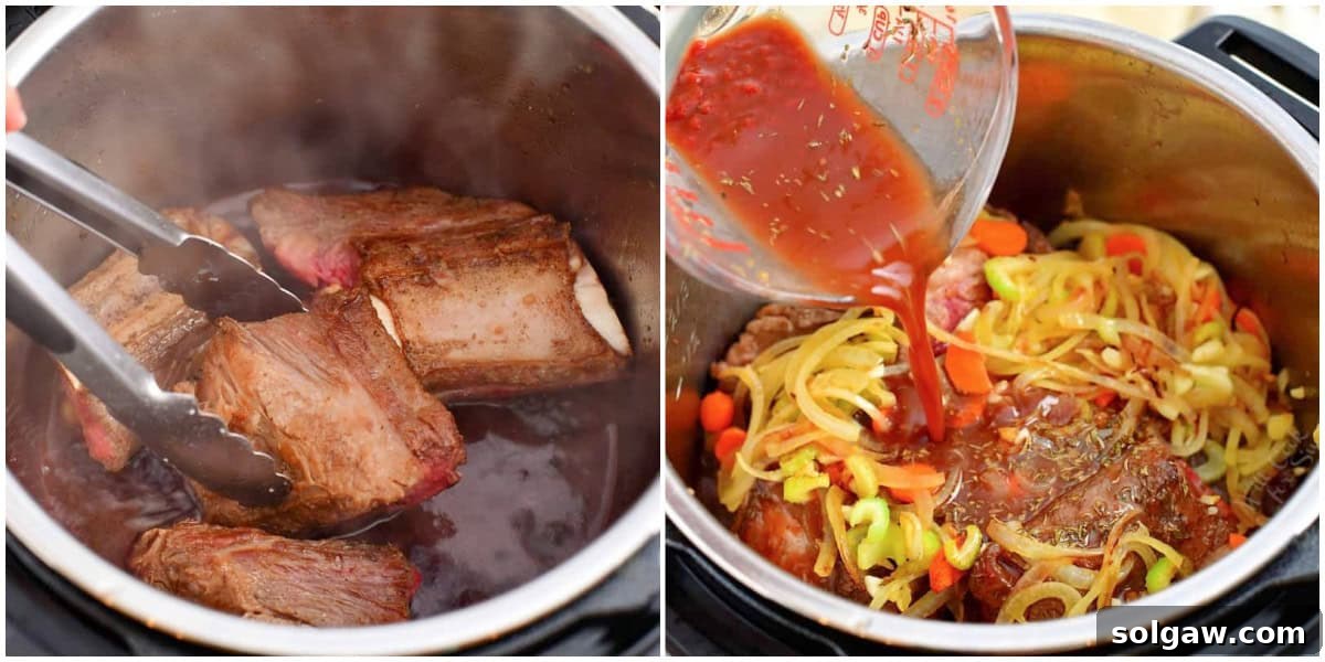 A collage showing the seared short ribs being returned to the Instant Pot, followed by the pouring of the seasoned beef stock mixture over them.