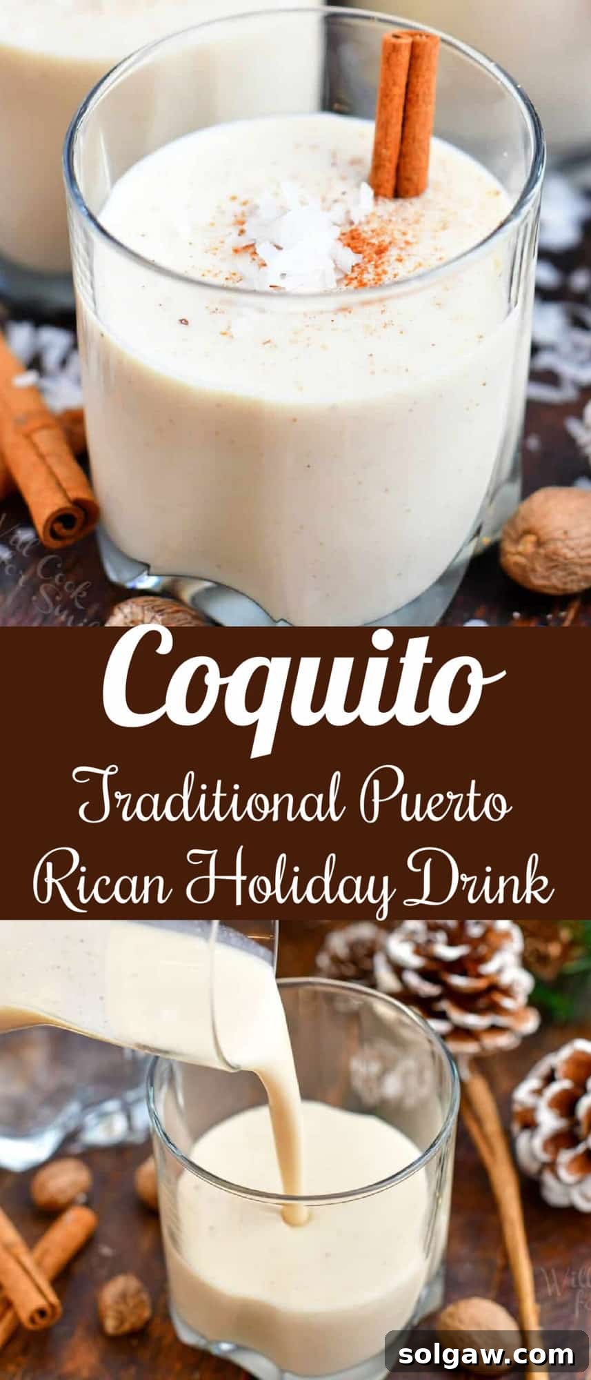 A beautiful collage of two images, featuring a creamy Coquito cocktail in a glass with a cinnamon stick garnish, and a close-up of the cocktail being poured, showcasing its rich texture.