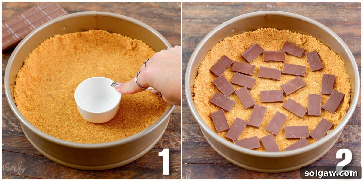 A two-part image showing the preparation of the cheesecake crust. The first image shows graham cracker crumbs being pressed into a springform pan with a measuring cup, while the second image displays chocolate pieces being evenly spread over the prepared crust.