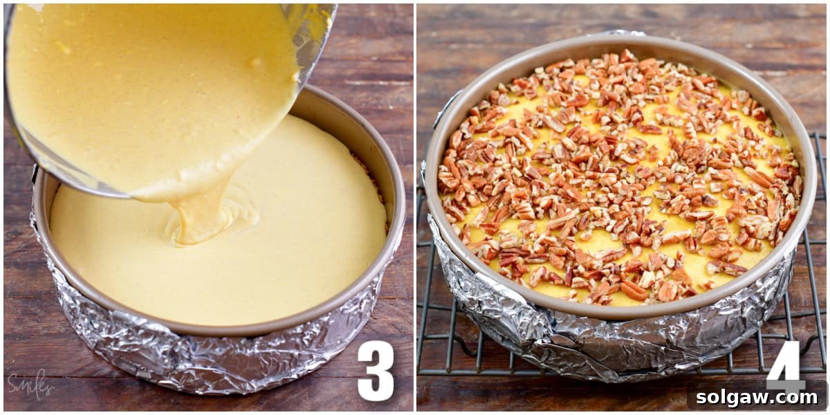 A two-part image collage. The first image shows the pumpkin cheesecake batter being poured into the crust. The second image shows the baked cheesecake, golden brown, topped with chopped pecans.