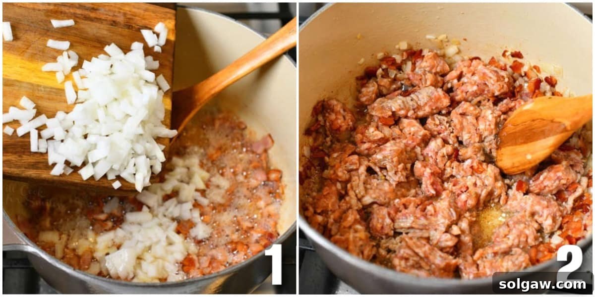 Collage of two images showing the addition of diced onions to a pot, actively sautéing for Zuppa Toscana soup.