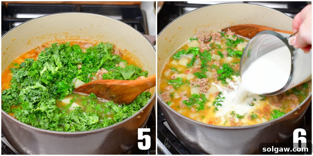 Collage of two images showing kale and cream being added to the soup, illustrating the final steps of preparation.