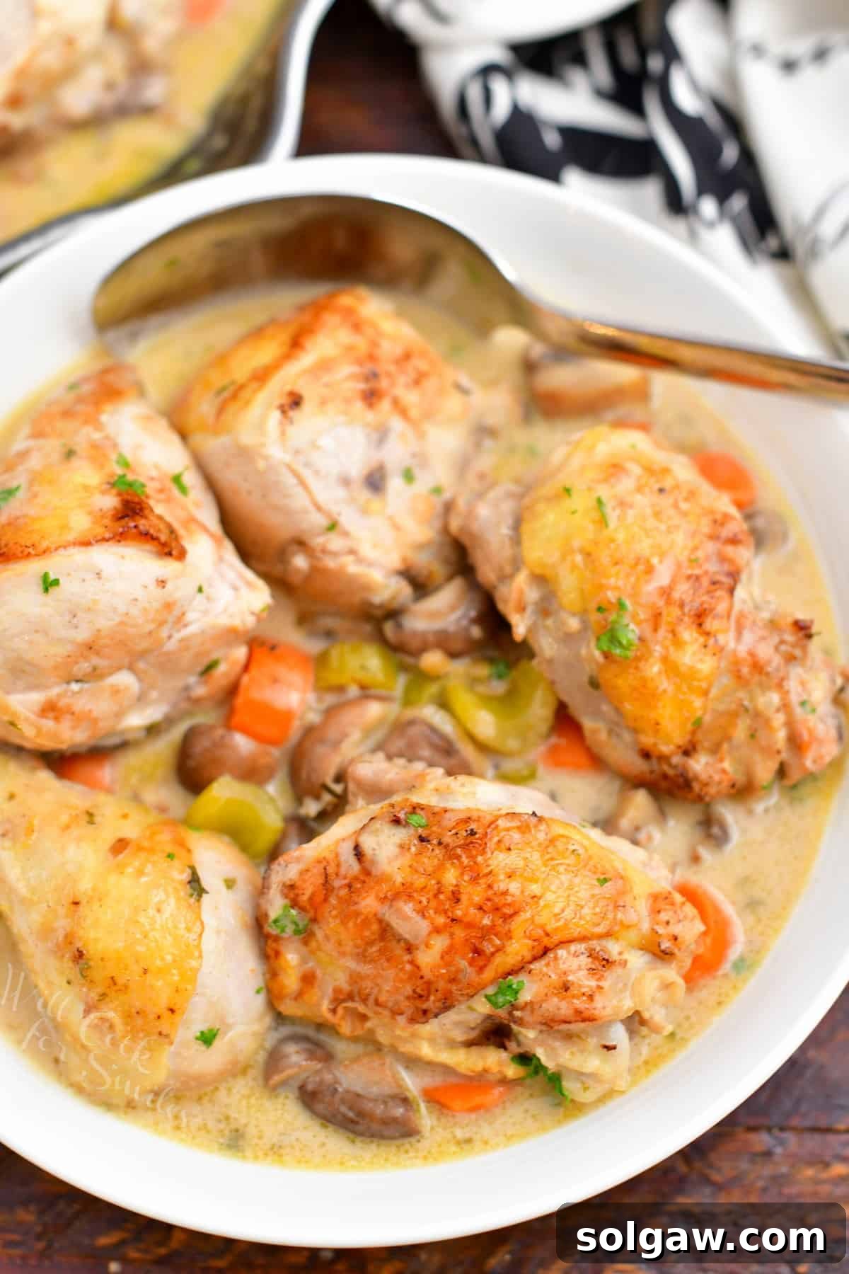 An overhead shot of a generous serving of Chicken Fricassee in a dish with a spoon, showcasing the rich, creamy texture and tender chicken.