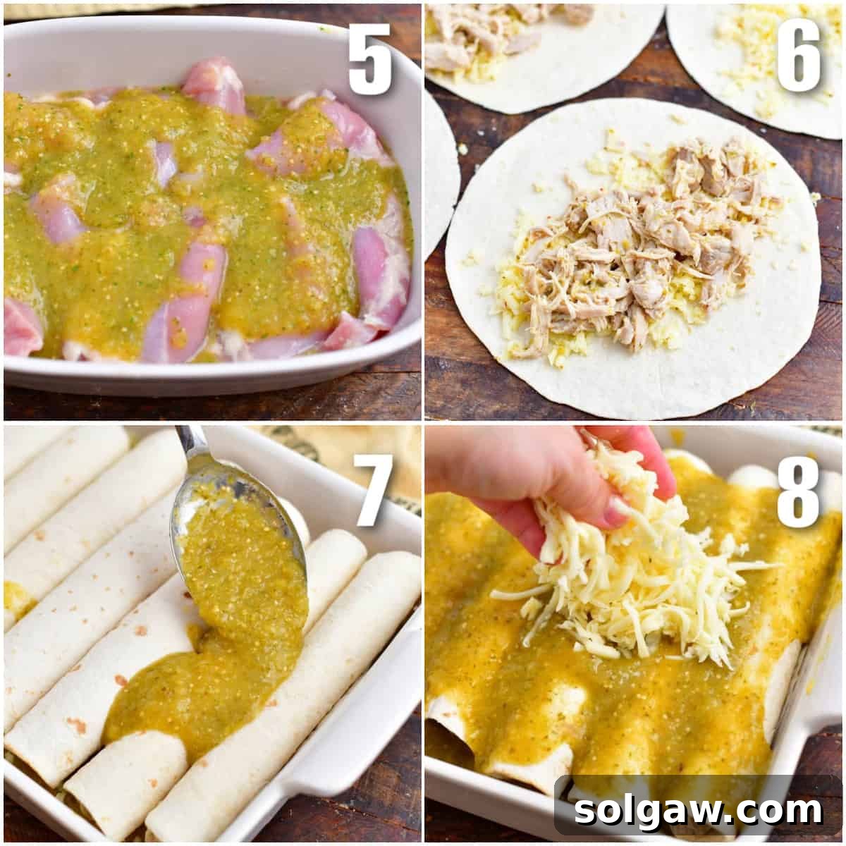 collage of four images of cooking salsa verde chicken then filling tortillas for enchiladas and topping rolled enchiladas.