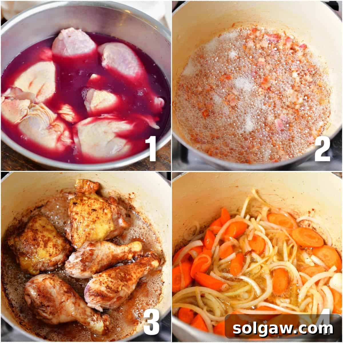 French Wine-Braised Chicken 4 A four-image collage showing the cooking process of Coq au Vin in a Dutch oven, from bacon to searing chicken and sautéing vegetables.