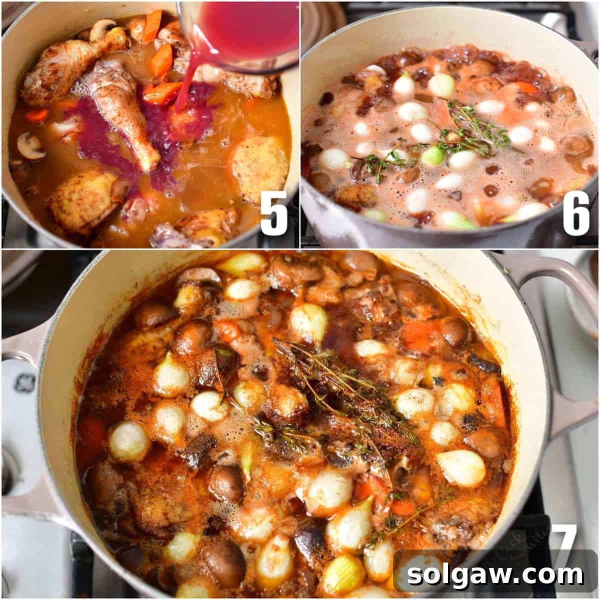 French Wine-Braised Chicken 5 A three-image collage showing Coq au Vin simmering in a Dutch oven, with chicken and vegetables submerged in a red wine sauce.