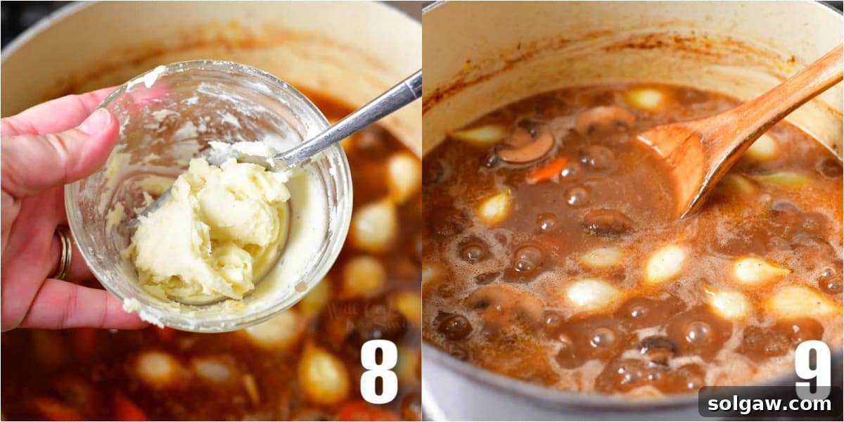 French Wine-Braised Chicken 6 A two-image collage demonstrating the final steps of thickening Coq au Vin sauce in a pot.