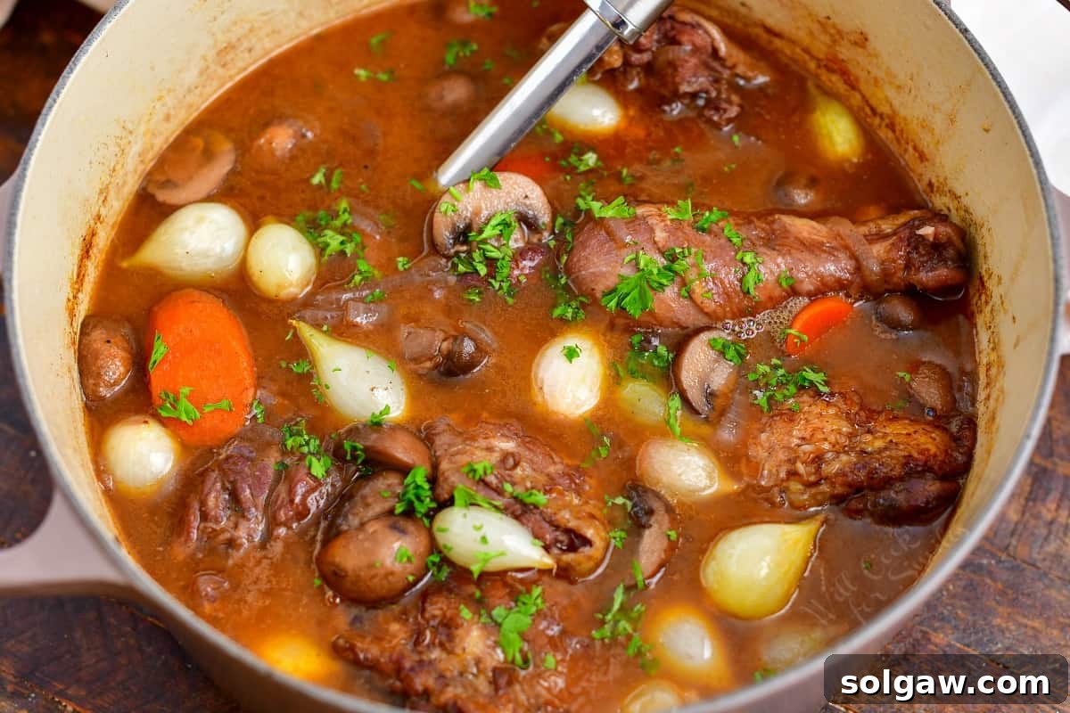 French Wine-Braised Chicken 7 Cooked French chicken recipe in Dutch oven