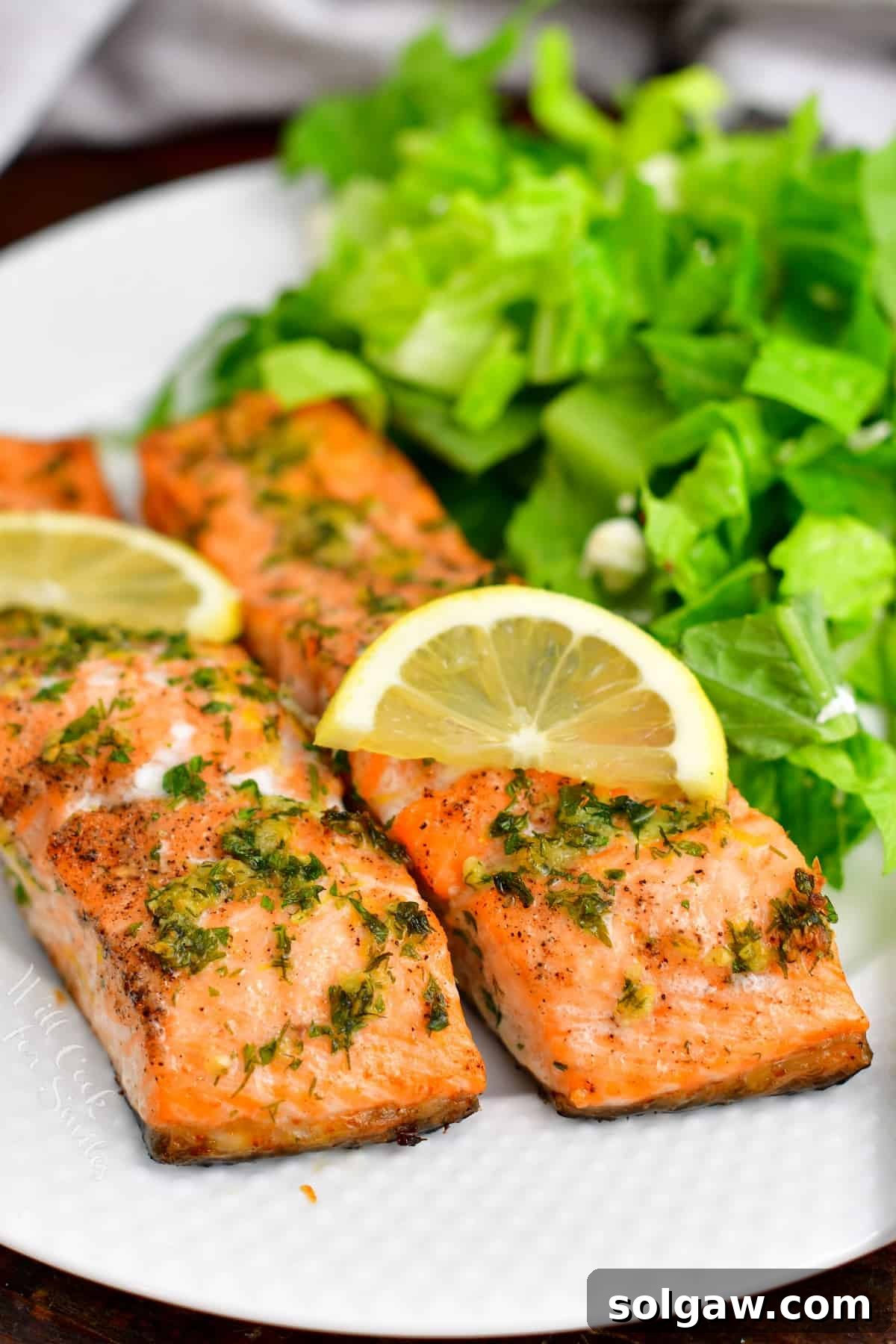 Closeup of a healthy salmon recipe, beautifully plated with fresh garnishes.