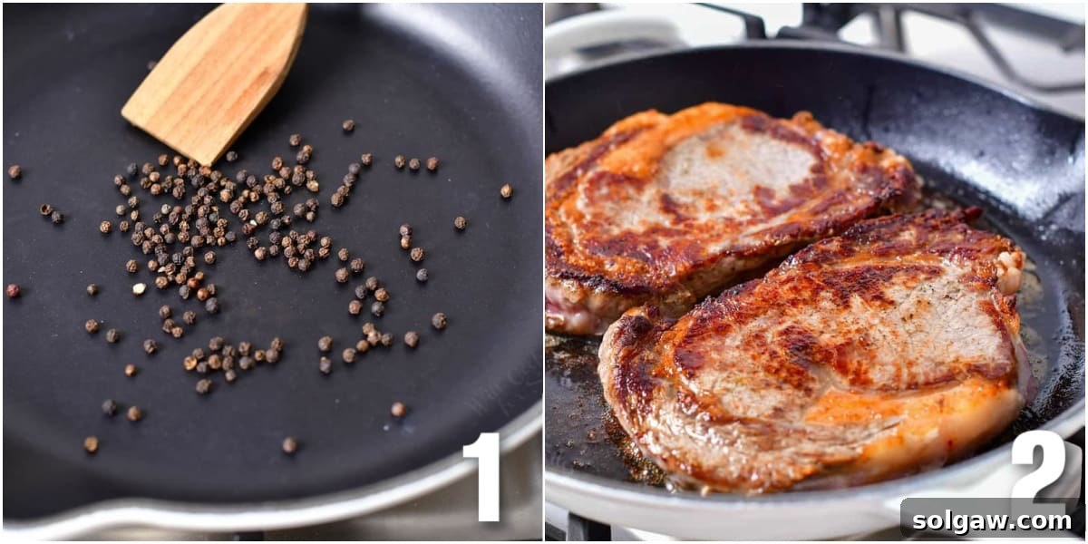 A visual guide showing two crucial steps: toasting whole peppercorns in a dry pan for enhanced aroma and pan-searing steaks to perfection.
