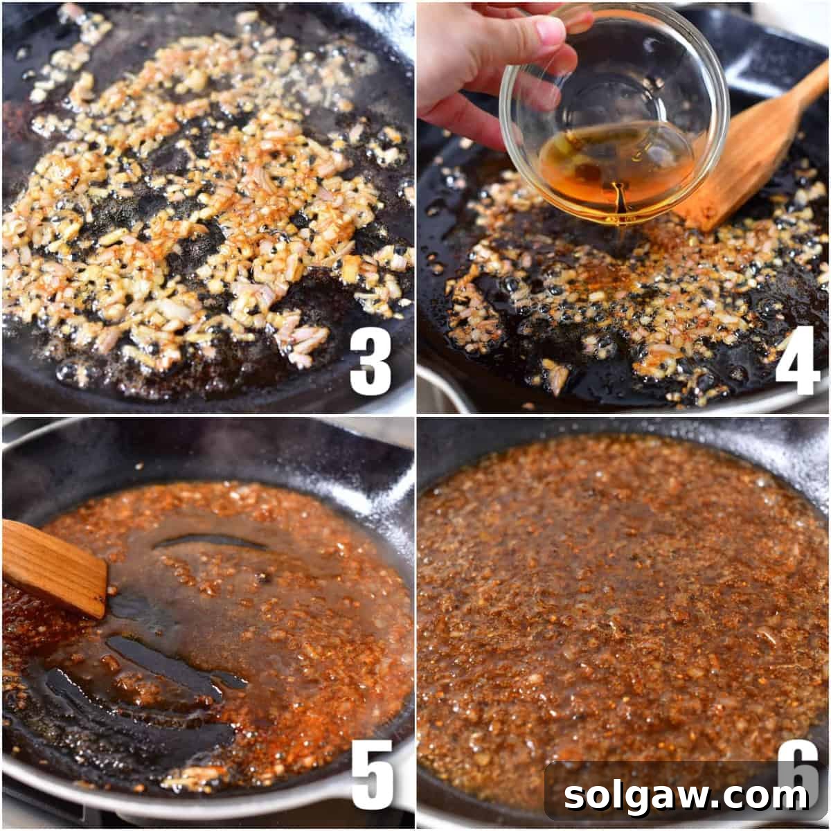 A collage of four images: sautéing shallots, deglazing the pan with cognac, simmering beef stock, and reducing the liquid for peppercorn sauce.