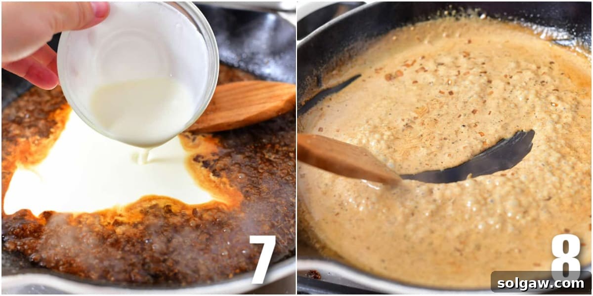 Two images depicting the final stages of peppercorn sauce preparation: adding heavy cream to the pan and gently simmering it to achieve perfect thickness.