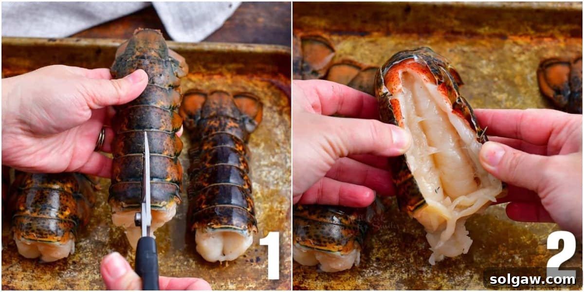 collage of two images of cutting through the lobster tail shell and opening it.