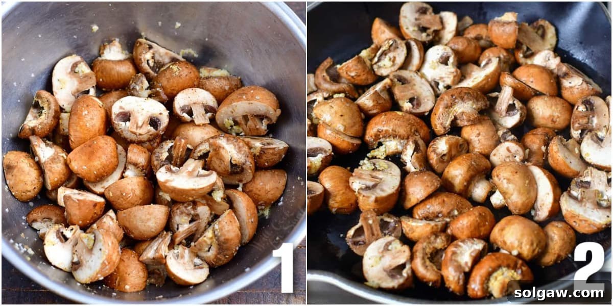 Mushrooms seasoned in a mixing bowl and in a skillet, ready for sauteing