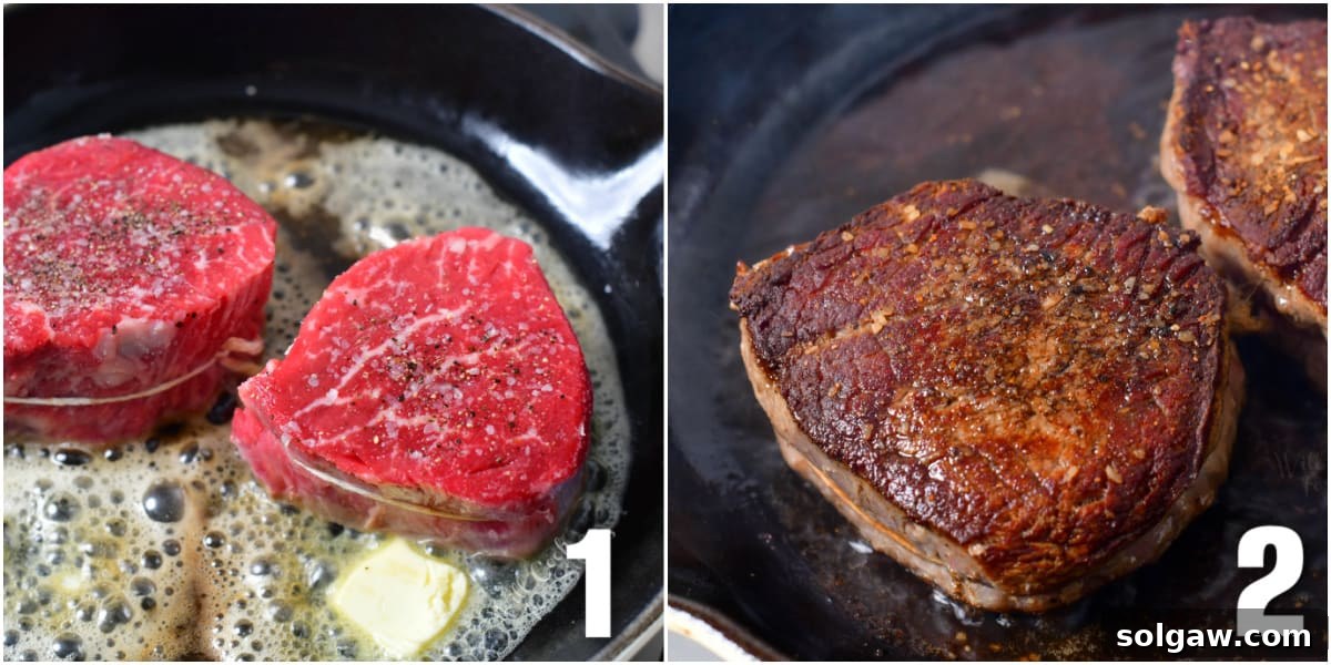 A collage showing two images: one of searing filet mignon in a hot skillet with butter, and another of the perfectly cooked steak.