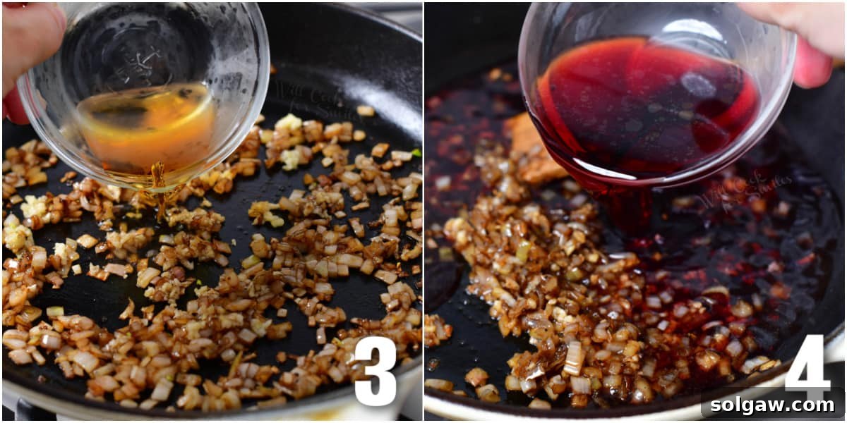 A collage showing two images: one of adding cognac to the hot skillet, and another of pouring red wine into the same pan, both simmering.