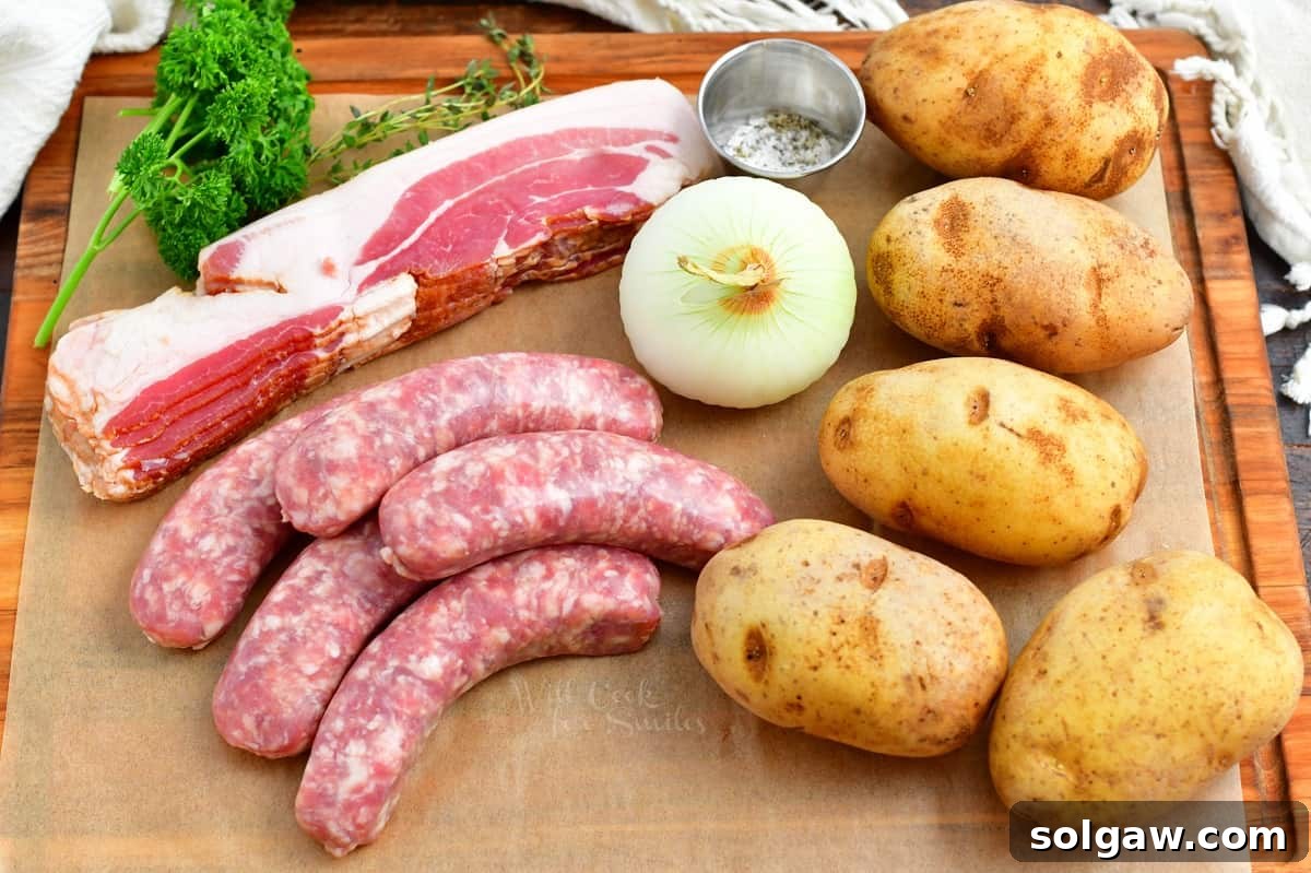 Dublin Coddle: Classic Irish Sausage and Potato Stew 3 The ingredients for Dublin Coddle are carefully arranged on a rustic wooden cutting board, showcasing their freshness and quality.