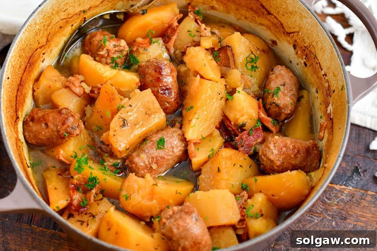 Dublin Coddle: Classic Irish Sausage and Potato Stew 8 A pot full of perfectly baked Dublin Coddle, with tender potatoes and savory meats, is ready to be dished out and enjoyed.