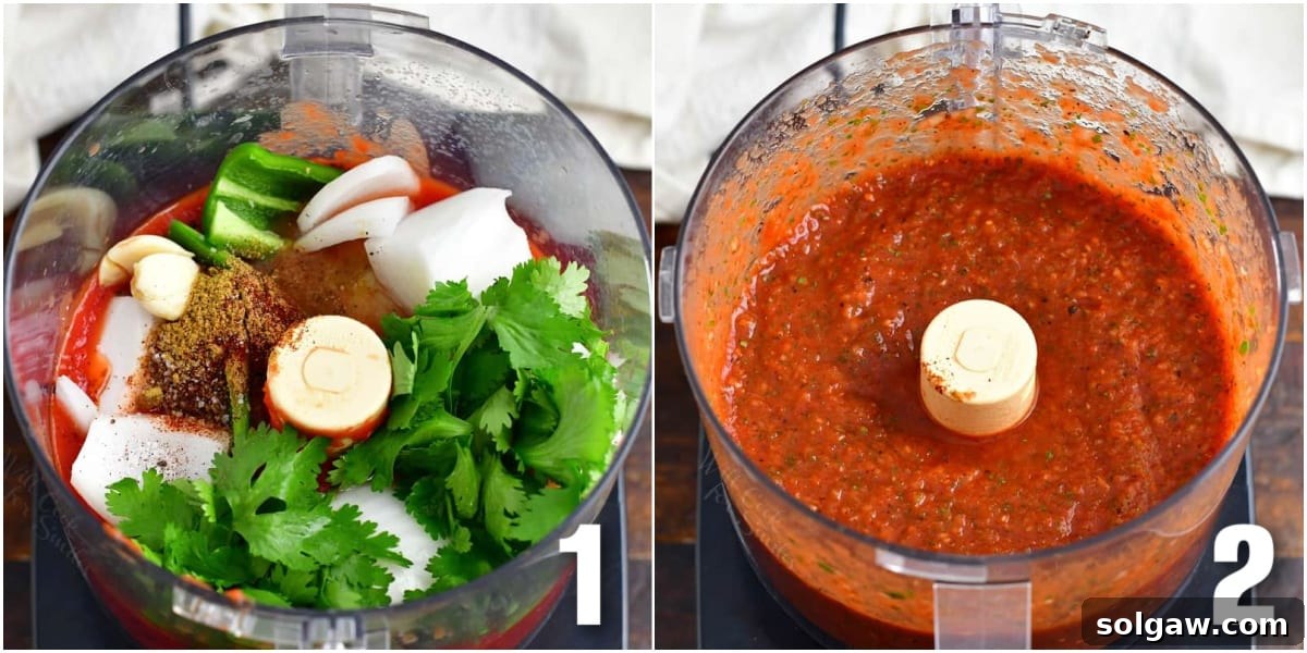 A collage showing two images: one of raw ingredients in a blender before mixing, and another of the blended, chunky red salsa after preparation.