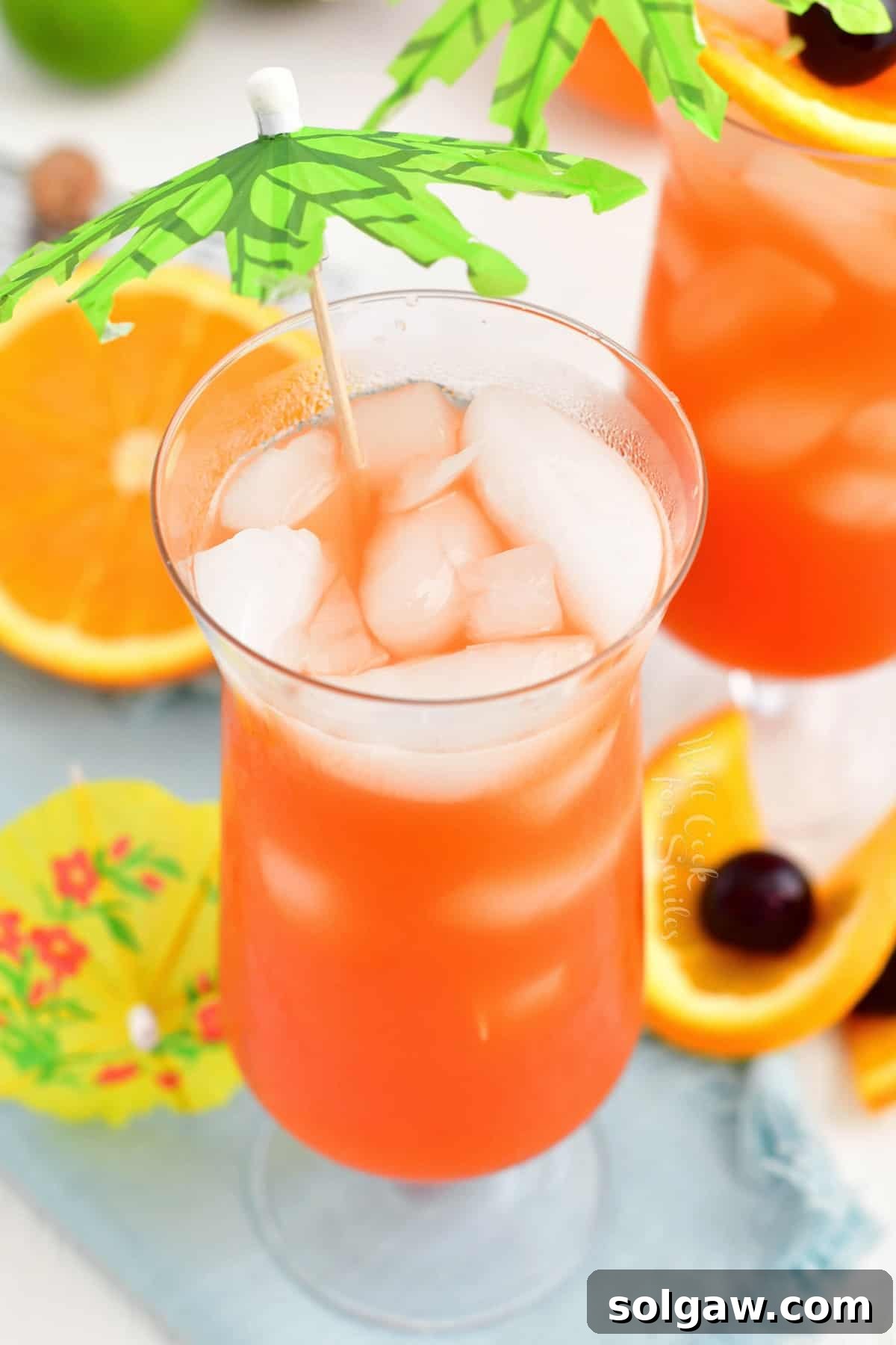 Tropical Rum Bliss 9 A glass of rum punch is elegantly garnished with a small paper palm tree and fresh fruit.