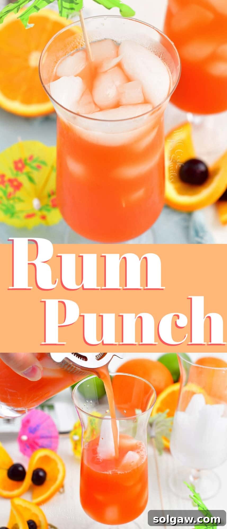 Tropical Rum Bliss 10 A vibrant title collage displaying a bright tropical cocktail in a glass and the action of pouring the cocktail.