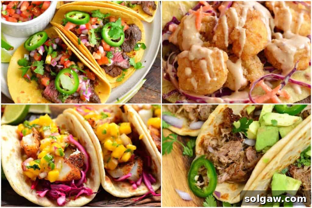 Festive Cinco De Mayo Food Ideas 5 A vibrant collage showcasing four different taco varieties: classic carne asada, tender pork, crispy fish, and succulent shrimp tacos.