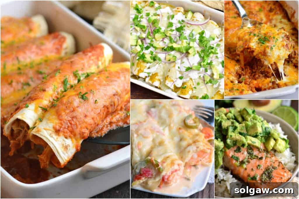 Festive Cinco De Mayo Food Ideas 6 A diverse collage featuring various enchilada dishes and a healthy salmon bowl, perfect for a Cinco de Mayo dinner.