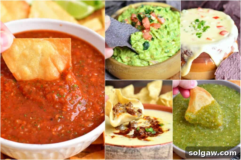 Festive Cinco De Mayo Food Ideas 4 A colorful collage showcasing four essential Mexican dips: vibrant red salsa, fresh green salsa verde, creamy avocado guacamole, and a rich, golden queso dip.