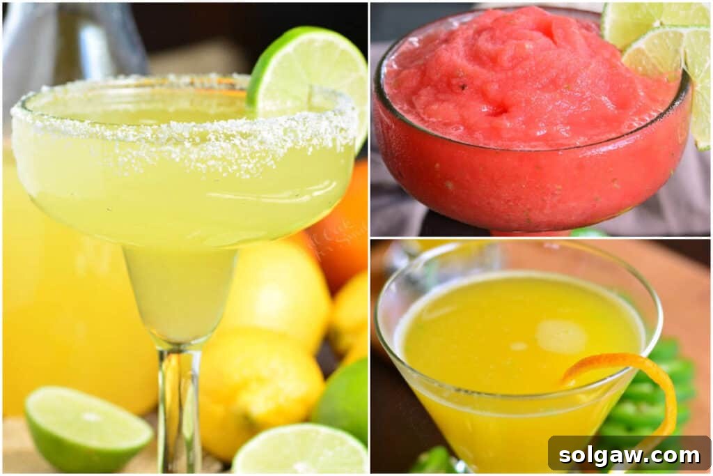 Festive Cinco De Mayo Food Ideas 7 A vibrant collage showcasing three different Margarita variations: a classic lime Margarita, a refreshing watermelon Margarita, and a spicy jalapeño-infused Margarita.