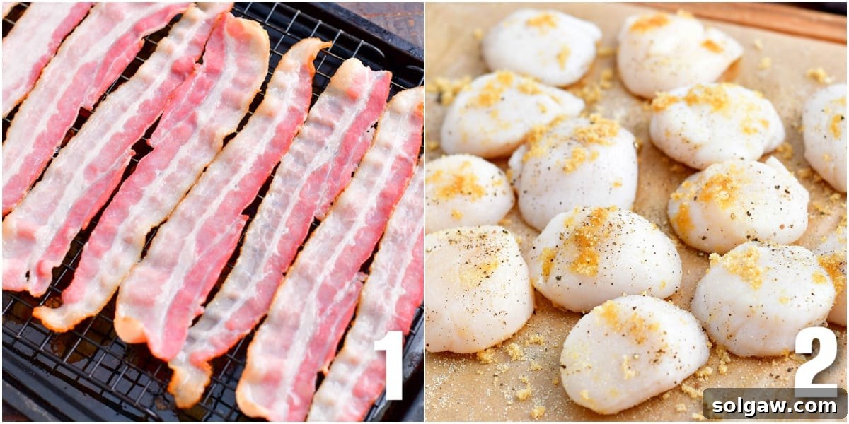 A collage of two images showing par-cooked bacon slices on a baking sheet and seasoned sea scallops ready for wrapping.