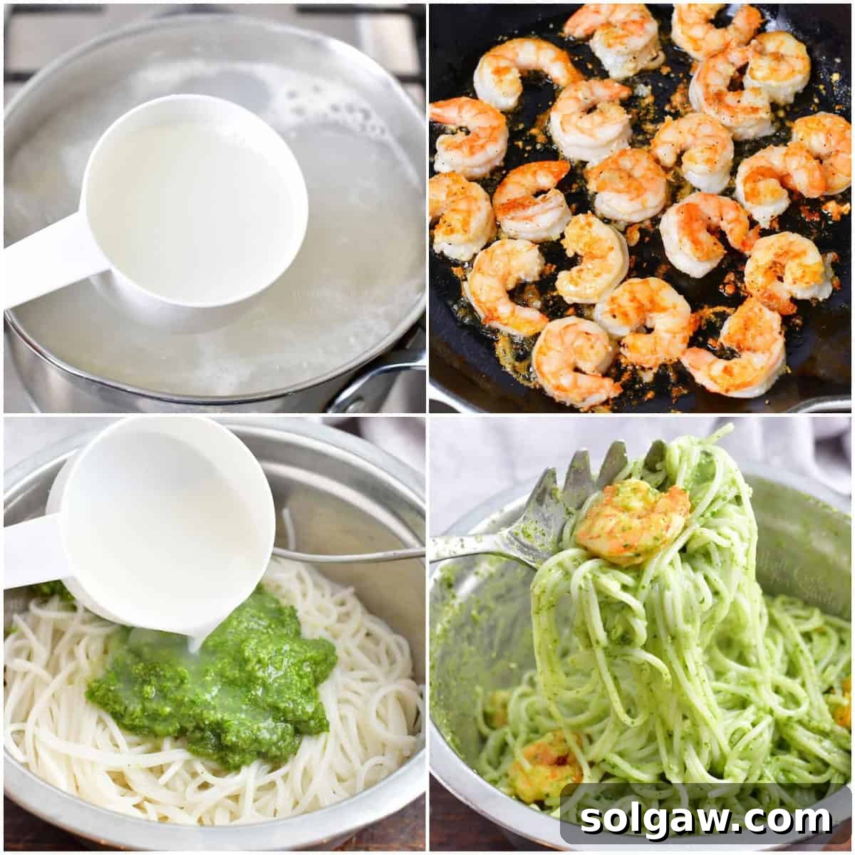 Emerald Pesto Shrimp Pasta 4 A collage of four step-by-step images illustrating the process of making shrimp pesto pasta, from ingredients to mixing.