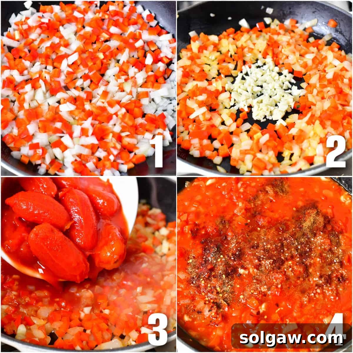 A four-panel collage showing the process of making shakshuka: first, sautéing onions and bell peppers; second, adding minced garlic; third, incorporating whole peeled tomatoes; and fourth, seasoning the tomato stew with spices.