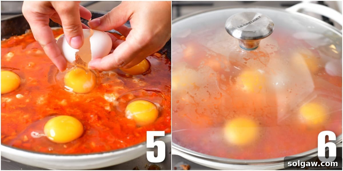 A two-panel collage showing the cooking process of shakshuka: first, cracking eggs into wells created in the simmering tomato stew; second, the eggs gently cooking in the covered skillet.