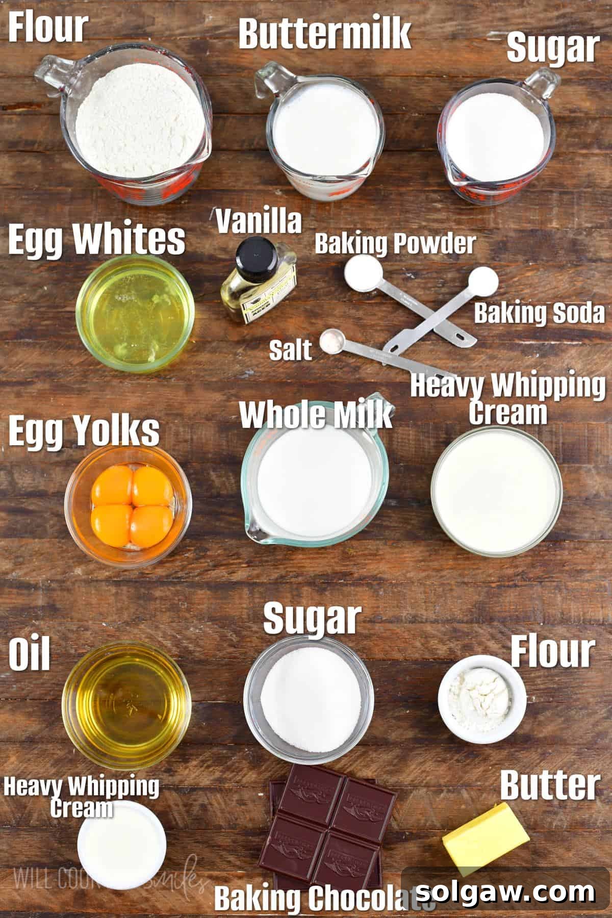 Labeled ingredients for Boston cream cupcakes on a wood surface.