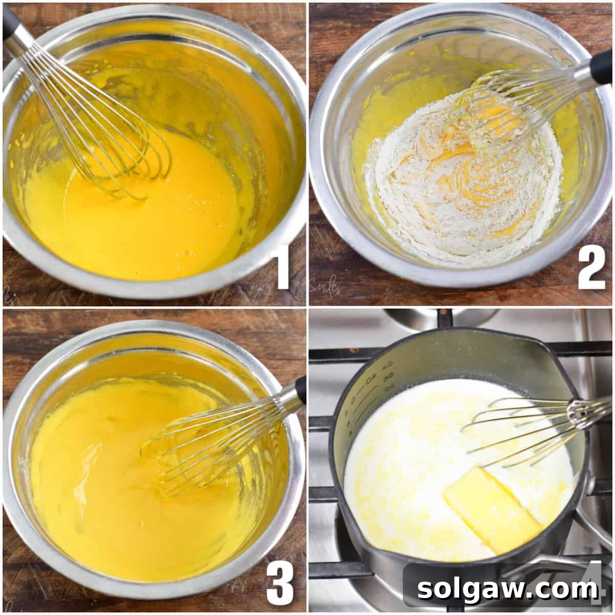 Collage of four images of making custard by mixing eggs, flour, and melting butter into a pan.