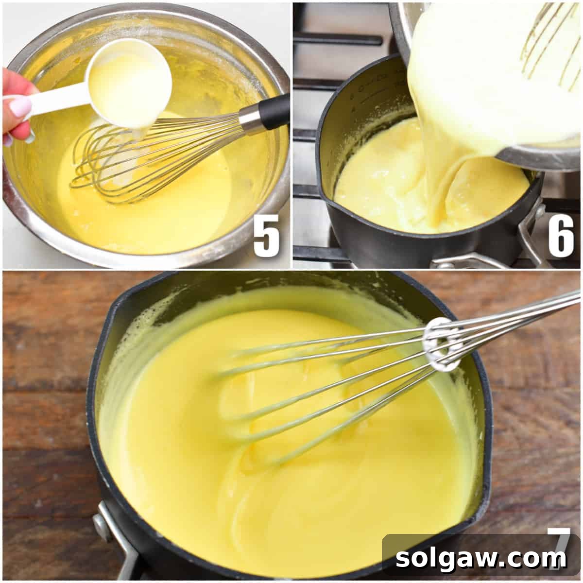 collage of three images of pouring cream into mixture, and thickening custard in a pot.